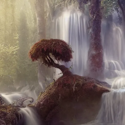 Prompt: tom bagshaw, beautiful full wolf pelt, mythical cosmic shrine, soft painting render curiosities carnival pond river vegetation rocks bugs wildlife mushrooms covered moss bioluminescent wisps, beautiful stunning waterfall, accurate features, focus, very intricate ultrafine details, random volumetric lighting, fog, award winning masterpiece, octane render 8 k hd, artstation