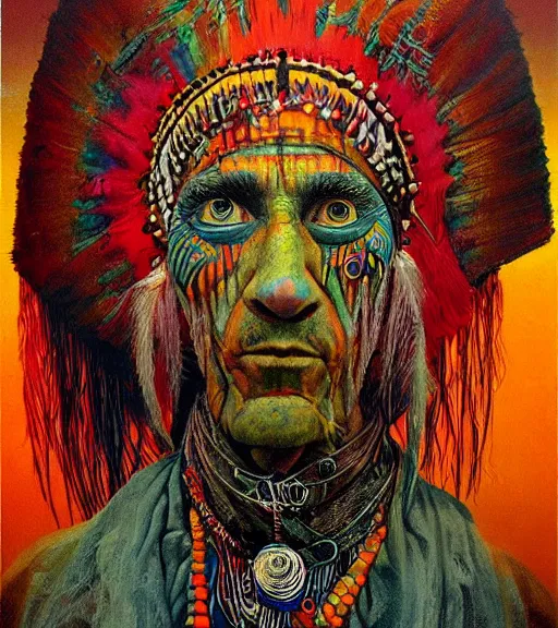 Image similar to Portrait painting in a style of Beksinski mixed with Alex Grey of an old shaman dressed in a colorful traditional clothes. Very psychodelic