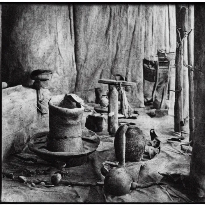 Prompt: an object on display in an ethnographic museum, film still, cinematic, enhanced, 1 9 2 0 s, black and white, grain