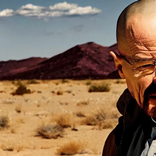 Prompt: breaking bad still frame of walter white in shock with his mouth opened, desert background, breaking bad