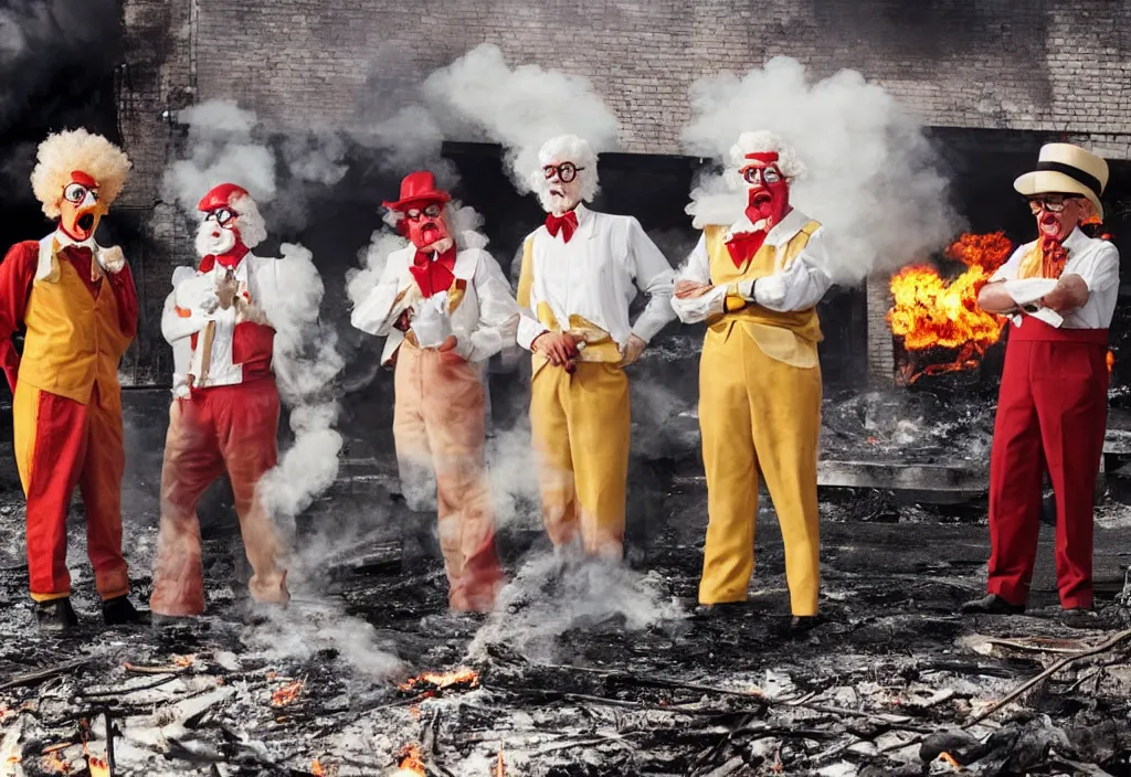 Prompt: Ronald McDonald and Colonel Sanders are hobos standing next to burning barrel under a bridge