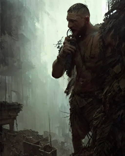 Image similar to tom hardy as a survivor, scavenging the ruins | | realistic shaded, fine details, realistic shaded lighting painting by greg rutkowski, diego gisbert llorens, magali villeneuve, artgerm, jeremy lipkin, michael garmash, rob rey