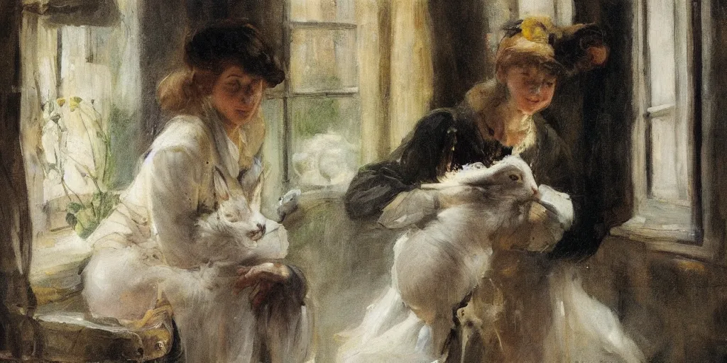 Image similar to a young edwardian woman petting a rabbit by a window, in the style of anders zorn