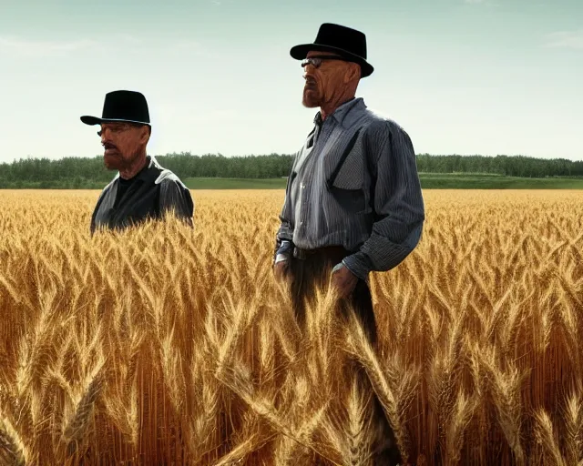 Prompt: extreme long shot of walter white wearing a black hat and gustavo fring standing facing each other from a distance in a wheat field, insanely detailed, low angle, side view, perfect angle, 8 5 mm photograph, 8 k resolution, wide shot, sharp lens, cinematic