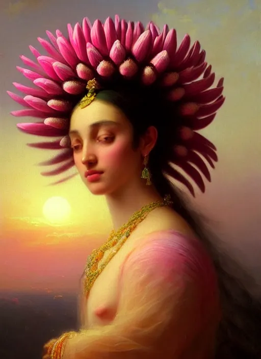 Image similar to stunning mexican godess, detailed pink and white protea head peace against a black backdrop by ivan aivazovsky, wlop, oil painting, beautiful soft lighting, muted colours, artstation