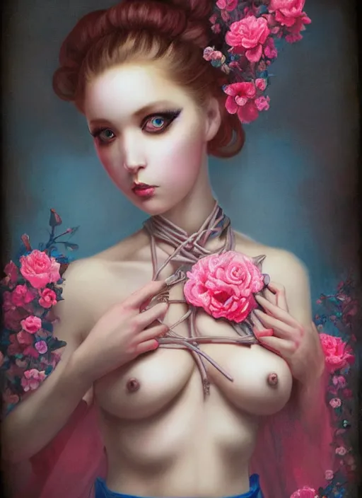 Image similar to pop surrealism, lowbrow art, realistic seductive cute woman painting, pink body harness, japanese shibari with blue flowers, hyper realism, muted colours, rococo, natalie shau, loreta lux, tom bagshaw, mark ryden, trevor brown style,
