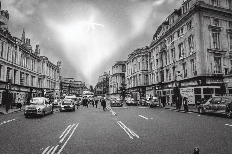 Prompt: london street invade by a lovecraftian monster in the sky, photo wide shot 3 5 mm