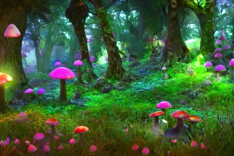 Prompt: An enchanted fantasy forest. Glowing mushrooms. Critters all around. Colorful. Cinematic lighting. Photorealism.