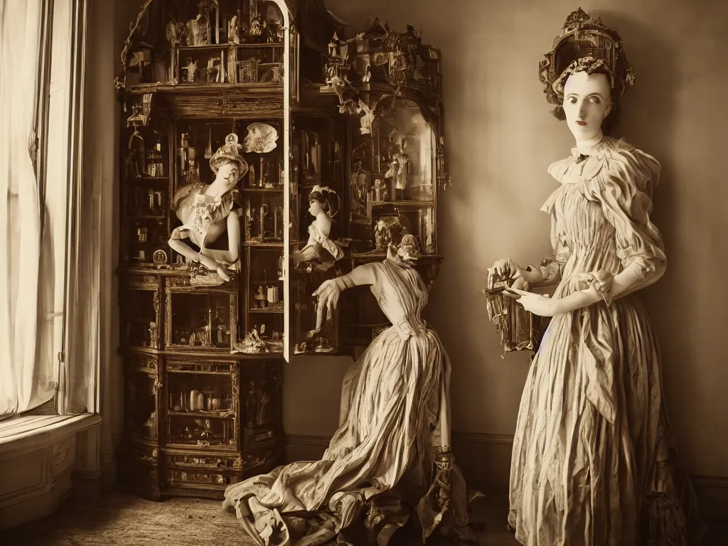Prompt: old photography of a beautiful automaton girl in a victorian cabinet decor, small windows, antiquities, man ray, alfred ghisoland, gregory crewdson, miss aniela, erwin olaf, 4 k,