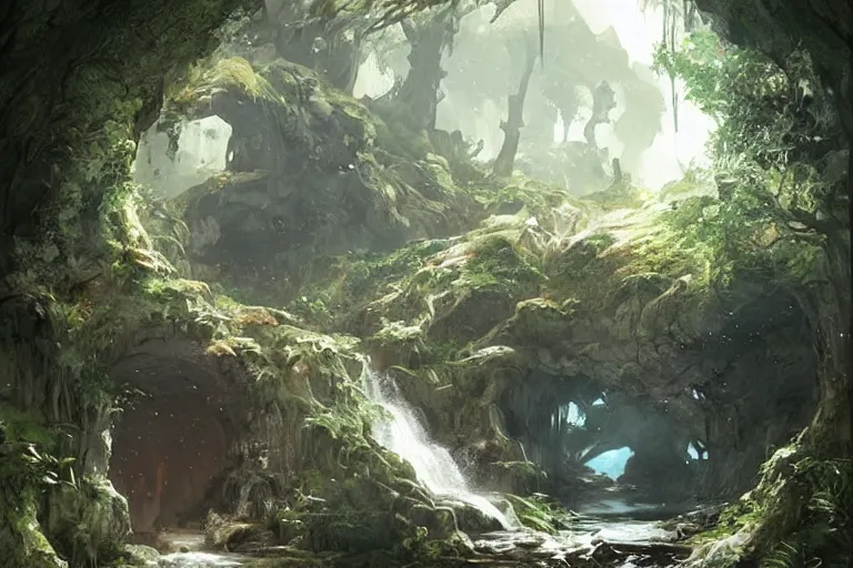 Prompt: 1 2 3 4 cave entrance surrounded by trees with a small water stream coming out of it, fantasy, highly detailed, art by greg rutkowski