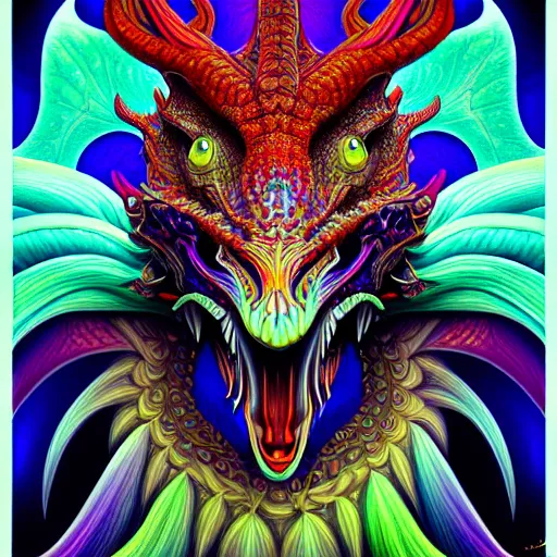 Image similar to an extremely psychedelic portrait of a dragon, surreal, lsd, face, detailed, intricate, elegant, lithe, highly detailed, digital painting, artstation, concept art, smooth, sharp focus, illustration