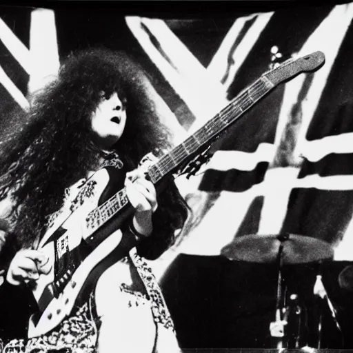 Prompt: 1 9 - year - old girl in a traditional doom metal band, new wave of british heavy metal, live in concert, live 1 9 8 6, united kingdom flags, union jack, playing electric guitar, headbanging crowd of longhairs, audience of longhairs, super 8 mm, grainy photo, colorized