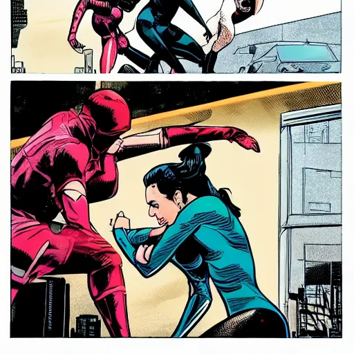 Prompt: In the style of Rafael Albuquerque comic art, Iggy Azalea and Gal Gadot wrestling on a street corner.