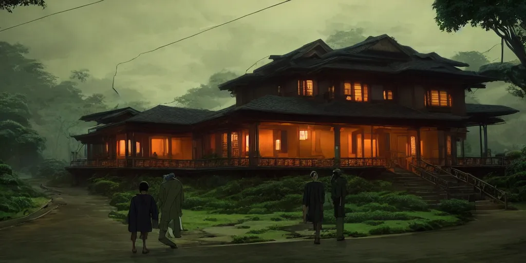 Prompt: twilight lighting, moody, atmospheric, solarpunk, old traditional filipino sleek modern mansion made of wood in a green garden, with a front porch, on the lonely hill by ghibli studio and victor ngai, ghost in the shell, akira, pixar highly detailed, 8 k h 5 7 6