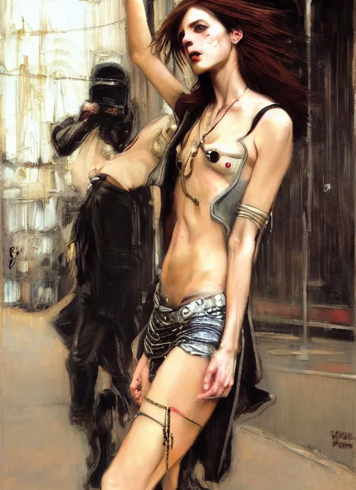 Prompt: androgynous glam rocker outside cbgb in the style of phil hale, sfumato Orientalist portrait by john william waterhouse, oil on canvas. Cinematic, hyper realism, realistic proportions, dramatic lighting, high detail 4k