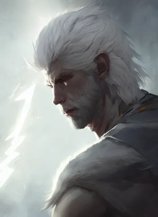 Image similar to Half-body portrait of a tall white haired man who is wielding lightning, wolf god. In style of Hyung-tae Kim and Greg Rutkowski, concept art, trending on ArtStation, Korean MMORPG, over-detailed art, 8K, epic, dynamic lightning, dramatic pose.