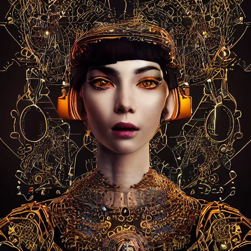 Prompt: the portrait of an absurdly graceful, sophisticated, fashionable ottomanpunk robotess idol, an ultrafine hyperdetailed illustration by kim jisu, intricate linework, neon wiring, porcelain skin, unreal engine 5 highly rendered, global illumination, radiant light, detailed and intricate environment, by wlop, artgerm