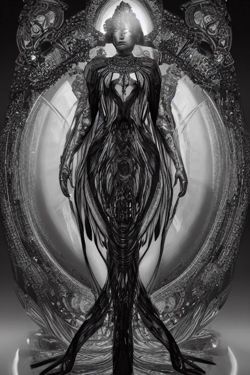 Prompt: a realistic dark photo of a beautiful ancient alien woman goddess kate moss nataraja with six hands standing in iris van herpen dress jewelery and fractals in style of alphonse mucha art nuvo dmt trending on artstation made in unreal engine 4