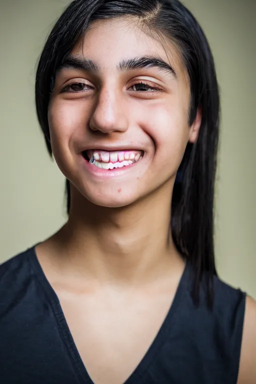 Image similar to close up headshot of an androgynous Hispanic teen with medium length slightly wavy black hair a wide smile brown eyes a small nose tidy plucked eyebrows dark brown eyes and a diamond shaped face, high resolution film still, 8k, HDR color