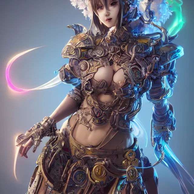 Image similar to studio portrait of lawful good colorful female holy mech paladin as absurdly beautiful, elegant, young sensual gravure idol, ultrafine hyperrealistic detailed face illustration by kim jung gi, irakli nadar, intricate linework, sharp focus, bright colors, matte, octopath traveler, final fantasy, unreal engine highly rendered, global illumination, radiant light, intricate environment