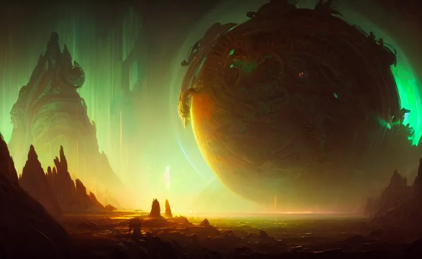 Prompt: Neoclassical Monster planet, illustrated by Greg Rutkowski and Gaston Bussiere, 35mm lens, beautiful macro close-up imagery, vibrantly lush neon lighting, beautiful volumetric-lighting-style atmosphere, a futuristic atmosphere, intricate, detailed, photorealistic imagery, trending on artstation, 4k, 8k