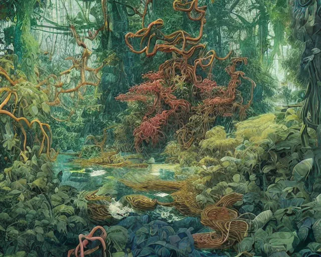 Prompt: a painting of a jungle river in a forest, a photorealistic painting by james jean, behance contest winner, fantasy art, made of vines, concept art, 2 d game art by victo ngai, geof darrow, peter mohrbacher, johfra bosschart, miho hirano