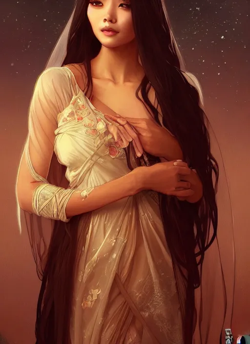 Image similar to cute brown woman wearing a transparent night gown and hanfu face veil, fantasy, intricate, highly detailed, digital painting, artstation, concept art, wallpaper, smooth, sharp focus, illustration, art by artgerm and greg rutkowski and alphonse mucha