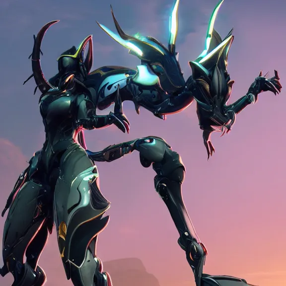 Image similar to cinematic full body shot of a beautiful stunning saryn prime warframe, that's a beautiful stunning anthropomorphic robot female dragon with metal cat ears, cute elegant pose, standing on teh beach at sunset, robot cat paws for feet, thick warframe legs, detailed arms, sharp claws, slick pink armor, streamlined white armor, long elegant tail attached to her back end, two arms, two legs, detailed warframe fanart, destiny fanart, macro art, dragon art, furry art, realistic digital art, warframe art, Destiny art, furaffinity, DeviantArt, artstation, 3D realistic, 8k HD, octane render