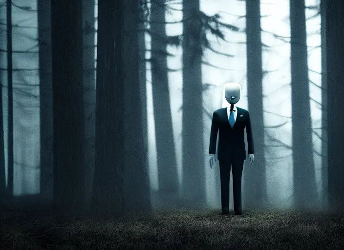 Image similar to joe biden as slenderman in forest, creepy joe biden, tall trees, night, creepy, horror, movie still, dark, haunted, cinematic lighting, ray tracing, octane render, long lens, shallow depth of field, bokeh, anamorphic lens flare, 8 k, hyper detailed, 3 5 mm film grain