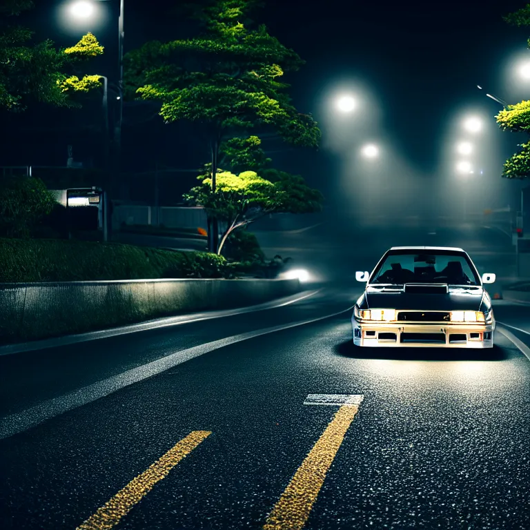 Image similar to close-up-photo JZX90 twin turbo drift middle of empty street, misty kanagawa prefecture, night, cinematic color, photorealistic, highly detailed,