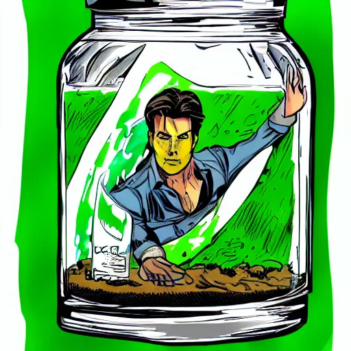 Prompt: pthe head of tom cruise in a jar with transparent green liquid. Illustration, marvel comic, inked and colored