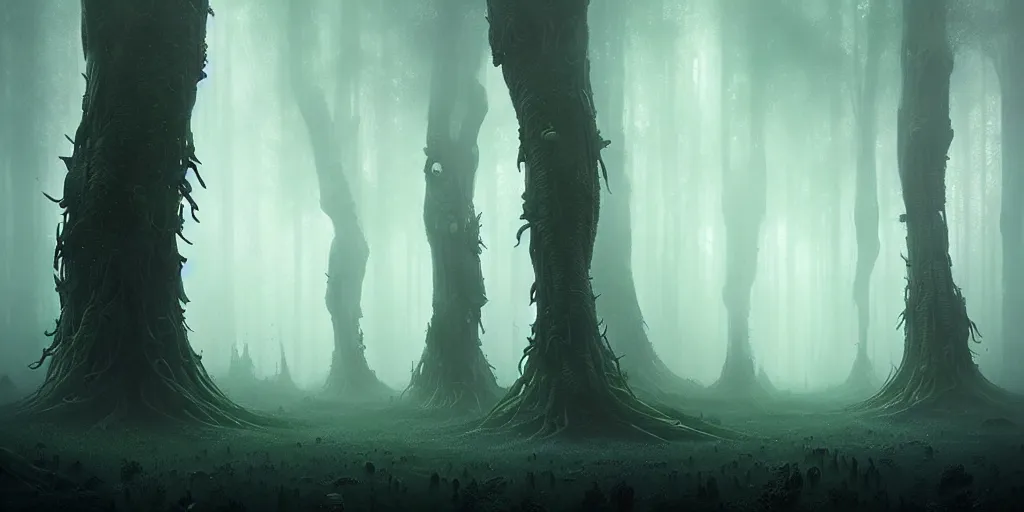 Image similar to strange alien forest, misty, ultra high definition, ultra detailed, symmetry, sci - fi, dark fantasy, by greg rutkowski and ross tran