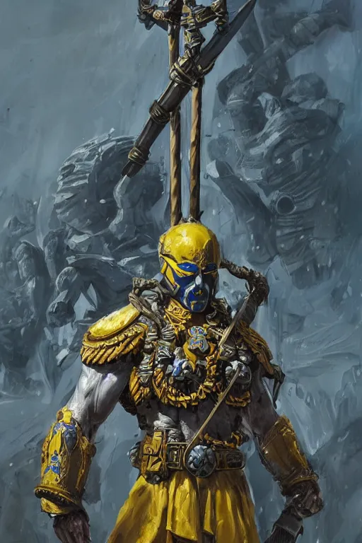 Image similar to a distant shot of a Ukrainian super soldier with blue and yellow flag behind him and a trident symbol on the chest standing alone on a huge pile of skulls posing as a winner, masculine muscular figure, D&D, fantasy, intricate, elegant, highly detailed, extremely detailed, digital painting, artstation, concept art, matte, smooth, sharp focus, illustration, art by Artgerm and Greg Rutkowski and Alphonse Mucha