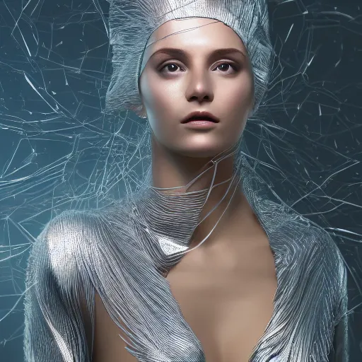 Image similar to a highly detailed digital image of a futuristic woman elegantly wrapped with silver leaves, by Andrea Chiampo, artstation and Frederik Heyman, extremely detailed woman, stunning volumetric lighting, hyper realism, fantasy 4k