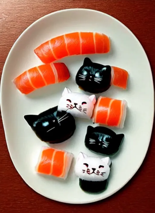 Image similar to clear photorealistic picture of adorable cats made out of sushi