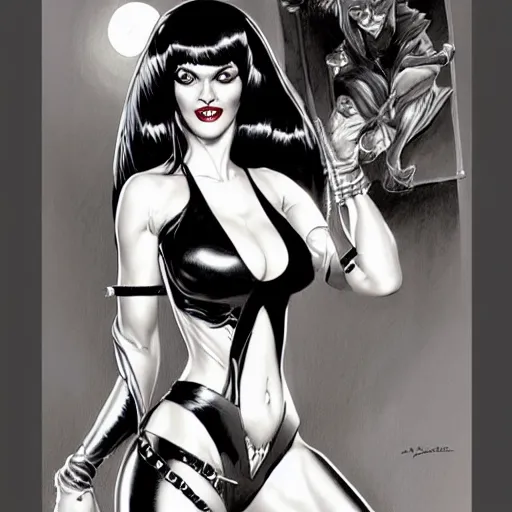 Prompt: Vampirella, Joe Jusko, Michael Whelan, artstation, pen and paper, black and white