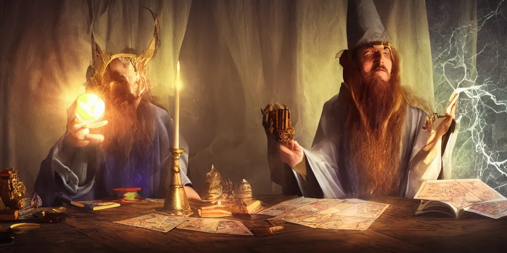 Image similar to wizard performing a tarot reading, cards, fantasy, digital art, soft lighting, 8 k