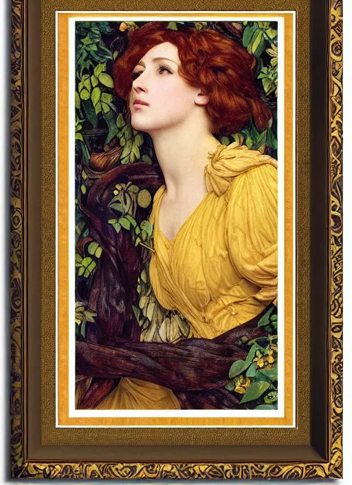 Prompt: masterpiece beautiful seductive flowing curves preraphaelite face portrait amongst leaves, extreme close up shot, straight bangs, thick set features, yellow ochre ornate medieval dress, laying amongst foliage mushroom forest circle arch, frederic leighton and kilian eng and rosetti and preraphaelites, william morris, framed, 4 k