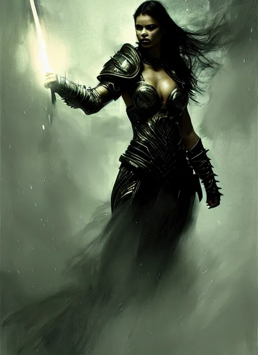 Prompt: adriana lima as mage wearing arcane light armor, fantasy, cinematic lighting, by jeremy mann