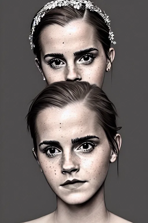 Prompt: a beautiful Emma Watson portrait, with a brilliant, impossible striking big organic matter subsurface scattering material headpiece, clothes entirely made out of organic subsurface scattering material, symmetrical, dramatic studio lighting, rococo, baroque, jewels, asian, hyperrealism, closeup, D&D, fantasy, intricate, elegant, highly detailed, digital painting, artstation, octane render, 8k, concept art, matte, sharp focus, illustration, art by Artgerm and Greg Rutkowski and Alphonse Mucha