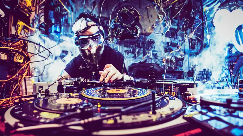 Image similar to a person wearing goggles and visor and headphones using a steampunk record player contraption, wires and tubes, turntablism dj scratching, intricate planetary gears, complex, cinematic, imax, sharp focus, iridescent, black light, fog, lasers