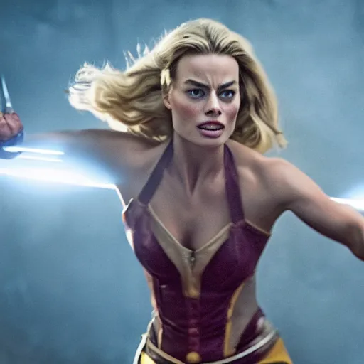 Prompt: an award winning cinematic still of beautiful Margot Robbie as Wolverine in epic battle pose , 16k hyper realistic photograph, centered, dramatic lighting