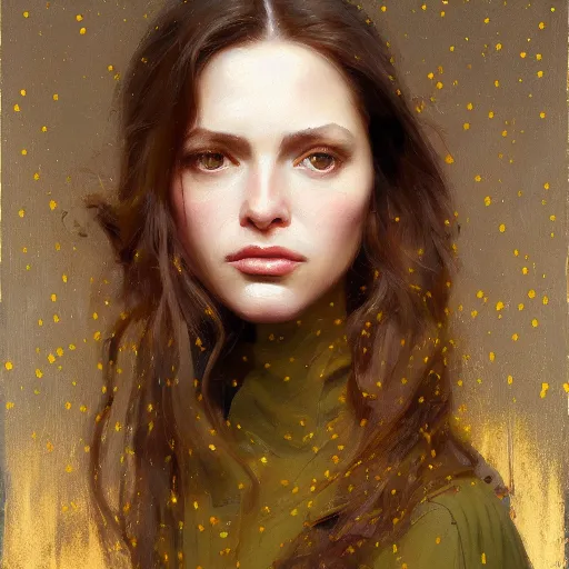 Prompt: epic painting of highly detailed long brown haired female in olive blouse on golden glowing background with dried dates in style of amy leibowitz, wlop, jeremy lipkin, beeple