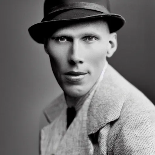 Prompt: A photograph portrait of Jerma985 wearing a pork-pie-hat in the early 1920s, taken in the early 1920s, grainy, taken on a early 1900s Kodak Camera, realistic, hyperrealistic, very realistic, highly detailed, very detailed, extremely detailed, detailed, digital art, trending on artstation