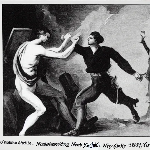 Prompt: a close - up old black and white photo, 1 9 1 3, depicting isaac newton fighting gottfried leibnitz in an ally of new york city, rule of thirds, historical record