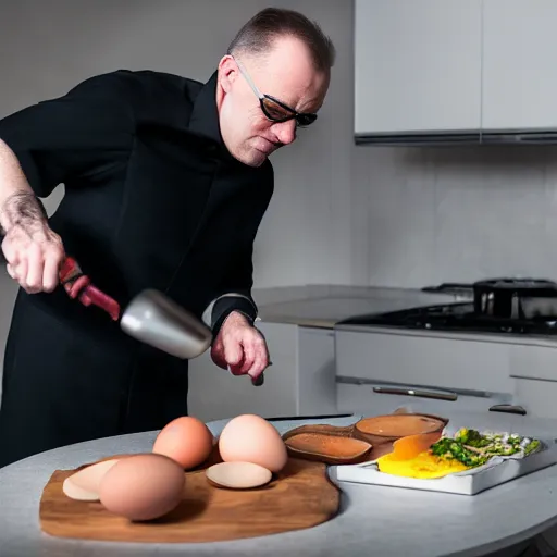 Image similar to a portrait of agent smith from the matrix making breakfast in the kitchen cooking an egg on a frying pan with bacon, dynamic lighting, studio lighting, 8k, award winning photo