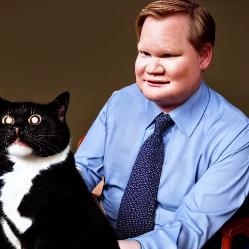 Prompt: Andy Richter wearing a blue dress shirt, necktie, navy dress pants sitting in a chair petting a calico cat