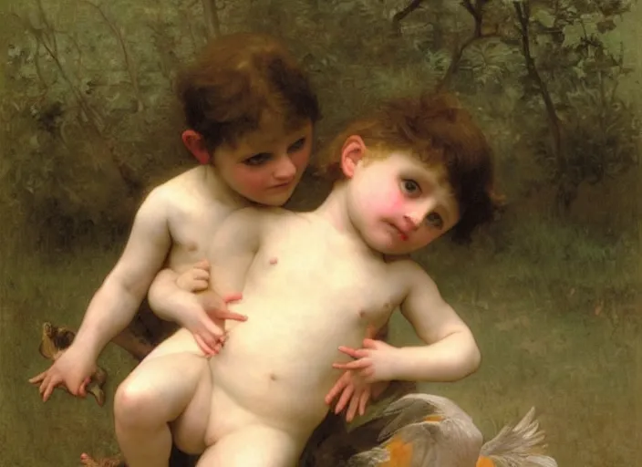 Image similar to feral child with giant chick, bouguereau