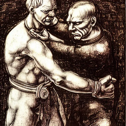 Prompt: leonardo davinci punching hitler in the face 4 k ultra detail realistic drawn by leonardo davinci staiend church glass