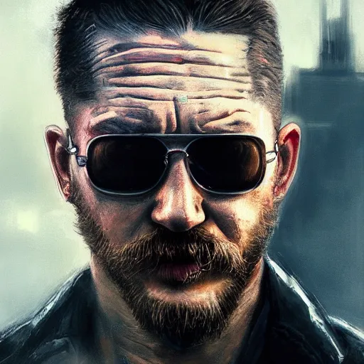 Prompt: closeup portrait of tom hardy as the terminator, sunglasses, city background, dramatic light, gorgeous view, depth, high detail, digital art, painted by greg rutkowski, trending on artstation